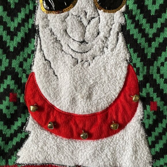 Ugly Christmas Sweater With Llama Wearing Sunglasses & Bells Red Green Black Acr - Picture 4 of 9